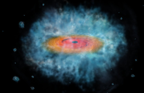 This artist’s impression shows a possible seed for the formation of a supermassive black hole. Two of these possible seeds were discovered by an Italian team, using three space telescopes: the NASA Chandra X-ray Observatory, the NASA/ESA Hubble Space Telescope, and the NASA Spitzer Space Telescope.